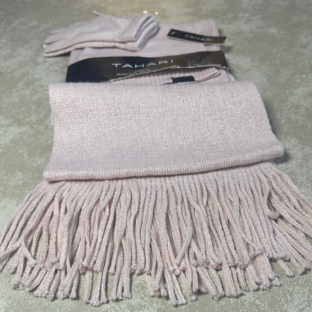Tahari Light Pink Scarf and Gloves Set